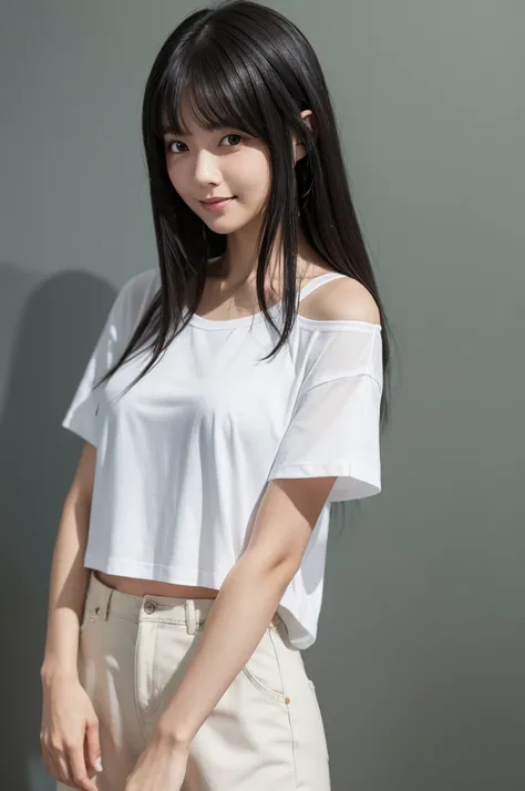 masterpiece,best quality,super fine illustration,8k,beautiful detailed,front view,BREAK 1girl,28yo,black hair,long hair,sharp eyes,little smile,middle breast,white T-shirts,black pants,BREAK standing,BREAK simple background,