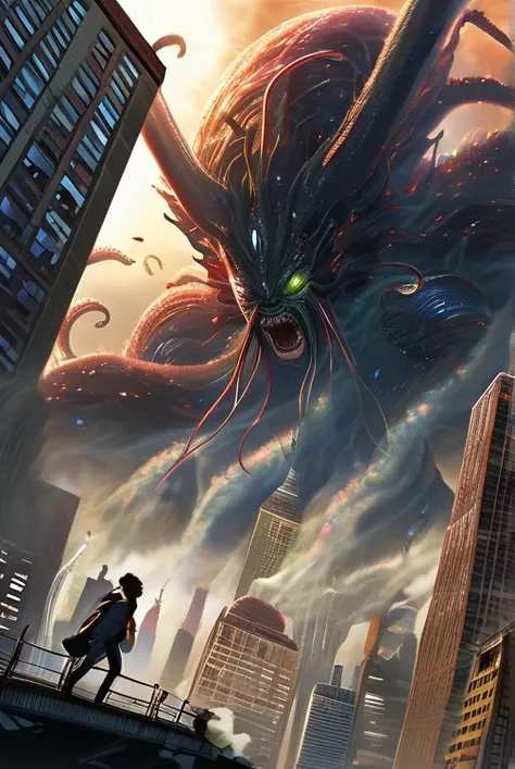 A dynamic and intense scene of a massive space war, with a colossal alien monster looming over New York City. The alien, with tentacles and a menacing countenance, is surrounded by a swirling vortex of cosmic energy. The city skyline is in chaos, with buil...