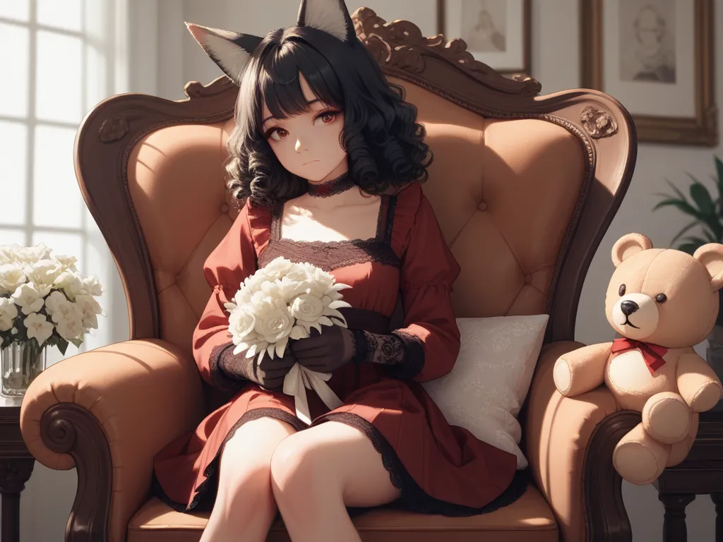 1girl, solo, curly hair, front bangs, black hair, long sleeves, dress with lace, choker, ribbon, holding, fox ears, sitting on a...