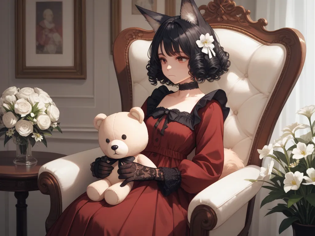 1girl, solo, curly hair, front bangs, black hair, long sleeves, dress with lace, choker, ribbon, holding, fox ears, sitting on a...