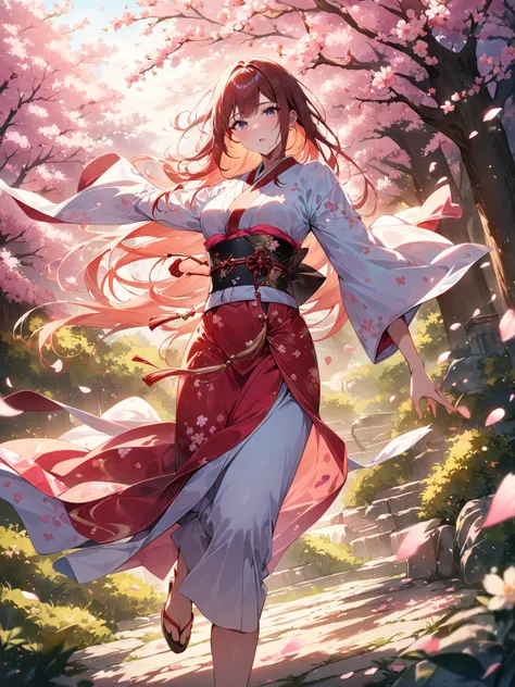 A beautiful woman in a vibrant kimono stands holding a sword beneath a cherry blossom tree in full bloom, The blade of the katana shining in the sunlight, cherry blossom petals swirling in the wind, ethereal atmosphere, graceful movement, traditional Japan...