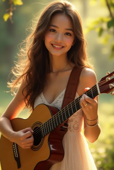   brown-eyed brunette in a dress 
Standing 
 With the guitar smiling
