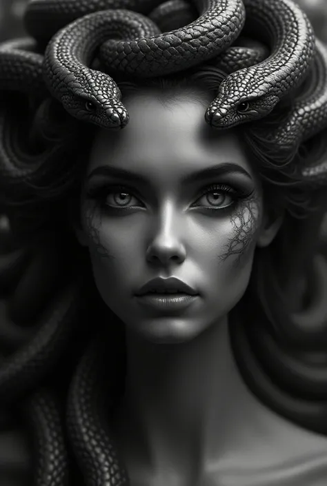  A hyper-realistic black and white portrait of Medusa in a three-quarter profile view.  Her face is of an ethereal beauty , but with an intense expression that evokes mystery and power. Medusas eyes have a captivating and penetrating look, while her lips s...