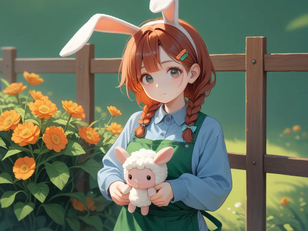 1girl, solo, braided hair, no bangs, auburn hair, 3/4 sleeves, jumper, hair clip, ribbon, holding, bunny ears, leaning against, ...