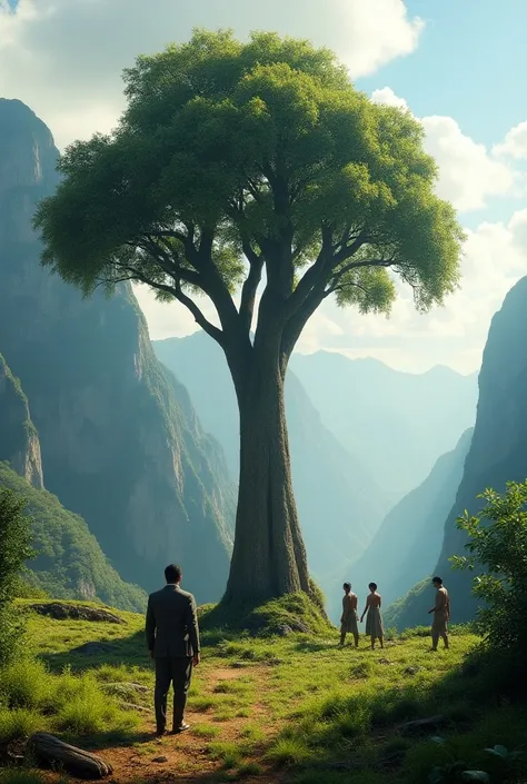 Image where there is a tree in the middle large but in the background that there are some Incas cultivating the land but on the right side there is a modern man holding a type of free treatment in the mountains but whose image combines nutrition with spiri...