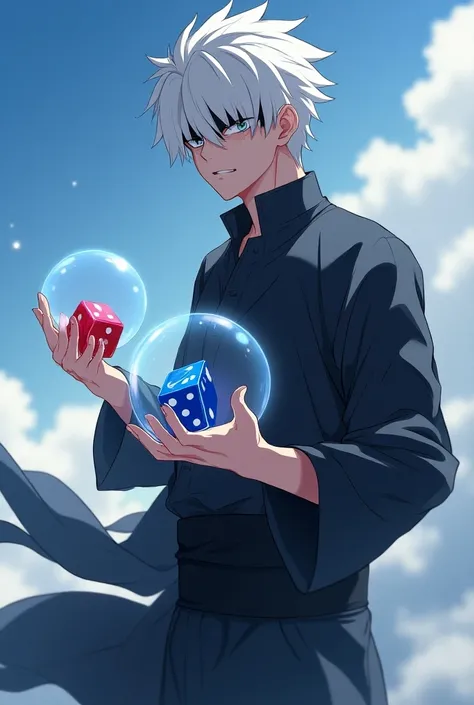 (((jujitsu Kaisen))) (((more qualities in the data))) Satoru Gojo with his black belt covering his eyes and his black clothes and his short white hair, half of him showing up and holding a blue and red die in each hand with a bubble wrapped around the dice...