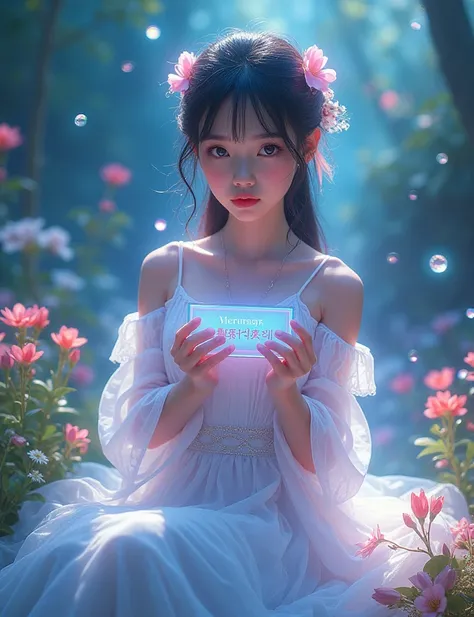 glow in the dark girl asian with music effect nature  spectrum hd, looking at camera, wearing long dress white, holding a nameplate.