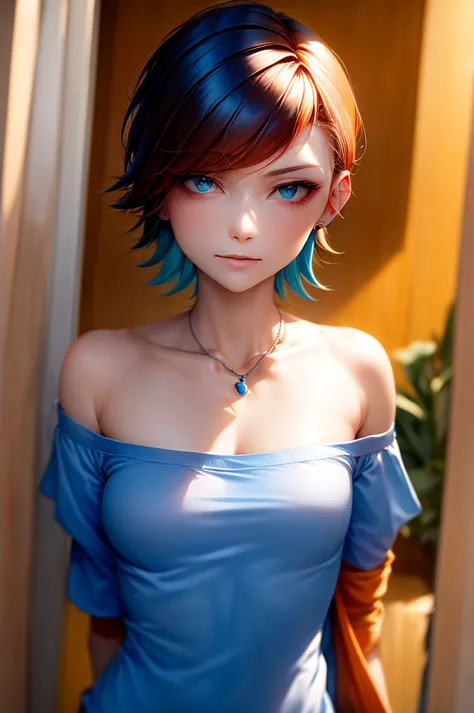 gwen_tennyson, short orange hair, cropped short and accented with a small blue hair clip. bright green eyes. she wore a loose bl...