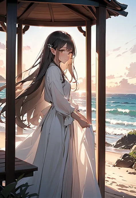 (masterpiece, best quality),A small girl appeared in a gazebo by the seaside. She has delicate, delicate ears, long flowing hair, and is dressed in a soft, natural-colored outfit, giving her a gentle, mystical appearance. The gazebo is simple and wooden wi...