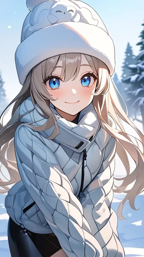 1 girl, ( cute face), Big Eyes,  long hair,  Fluffy Knitted Hat ,  Down Jackets ,  Thick Sweaters ,  pencil skirt, Small breasts, Bright smile, 白い肌  
break, Clear weather in the middle of winter , (Cold Light:1.3),  Clear Blue Skies ,  Sparkling Snow Refle...