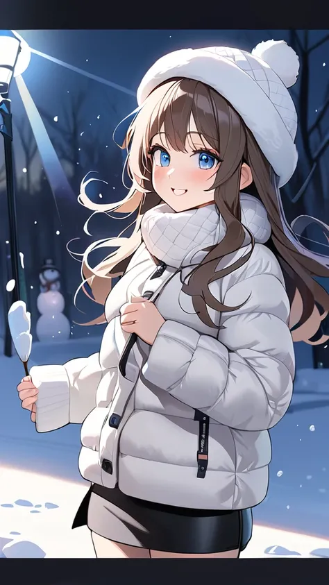 1 girl, ( cute face), Big Eyes,  long hair,  Fluffy Knitted Hat ,  Down Jackets ,  Thick Sweaters ,  pencil skirt, Small breasts, Bright smile, 白い肌  
break, Clear weather in the middle of winter , (Cold Light:1.3),  Clear Blue Skies ,  Sparkling Snow Refle...