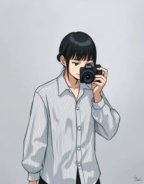 A woman in a white shirt and black pants is taking pictures, Photo of Fumie Kojima,  instagram, What is it?？, Ishida Sui with black hair, Bookmark, shikamimi, Chiho, Yoshitomo Nara,  Kotegawa Yui , Takemura Kimi, She has black hair with bangs