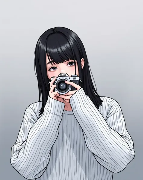 Close up of a woman wearing a shirt taking a photo, Illustration by Torii Kiyomoto,  instagram, What is it?？, Ishida Sui with black hair, She has black hair with bangs, shikamimi, Bookmark, Yoshitomo Nara, Chiho, 