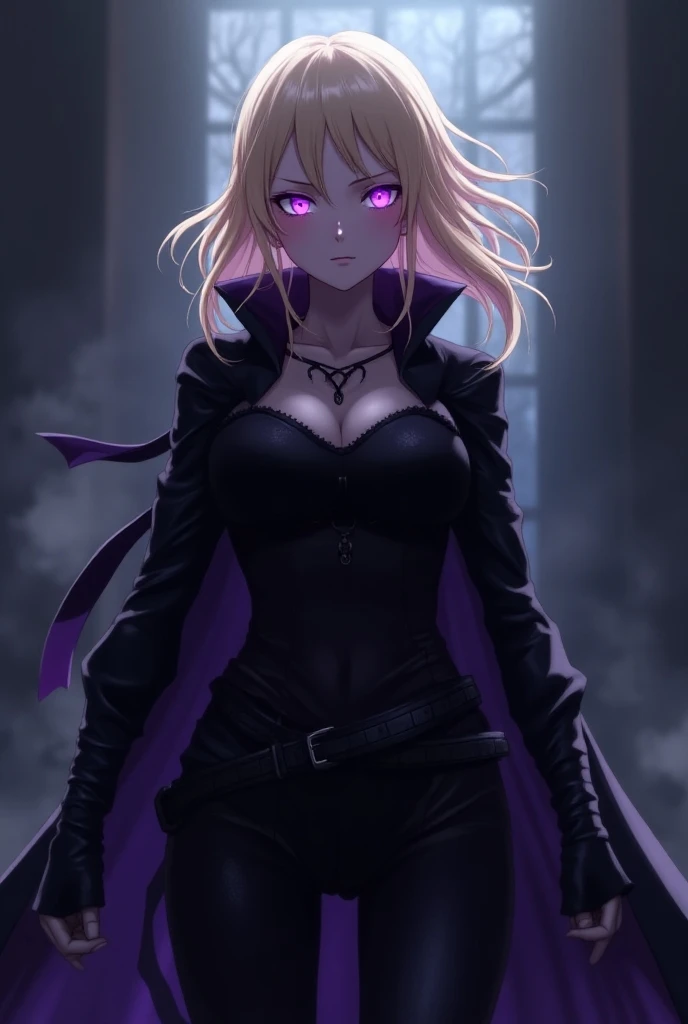 An adult heroine with purple eyes , medium and loose bleached hair, Heroine outfit with shades of black and purple anime style.