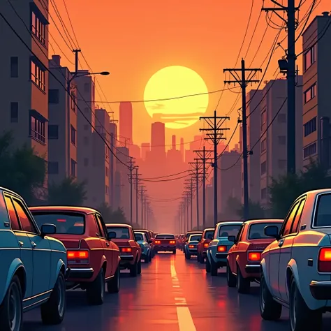 city sunset in street, orange sky, lofi style, lofi vibes, anime, a lot of cars