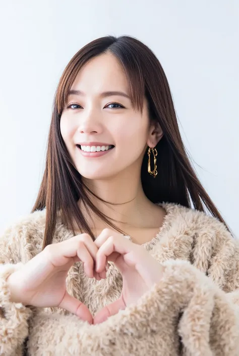 Only one woman with a cute smile wears cute, fluffy off-shoulder pajamas, makes a big heart shape with both hands, and poses them in front of her chest, View above collarbone、The background is a monotone 

