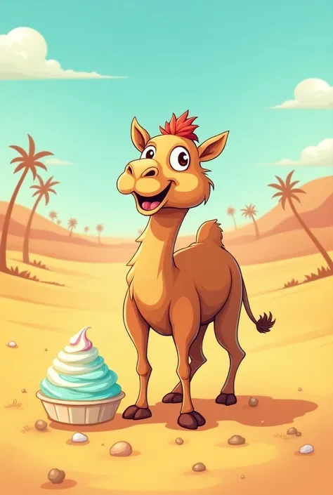 Camel in the desert eating ice cream comic, colorful drawing 