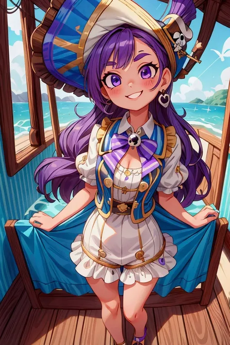 ( masterpiece ,  The best quality) Standing, interior,  intricate details , Sunlight,  dress with sky blue and white striped ruffles short collar,  pirate vest , pirate style, skull emblem ,  cute pirate hat, gold earrings, shoes blue , violet hair,  purpl...