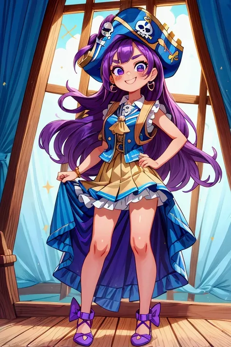 ( masterpiece ,  The best quality) Standing, interior,  intricate details , Sunlight,  dress with sky blue and white striped ruffles short collar,  pirate vest , pirate style, skull emblem ,  cute pirate hat, gold earrings, shoes blue , violet hair,  purpl...