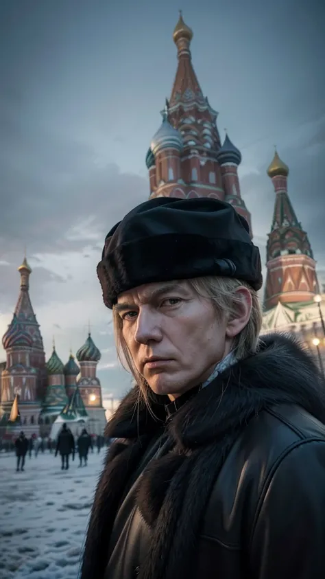 Trump in a cold and austere scene in Moscows Red Square, wearing a fur coat and traditional Russian ushanka hat. In the background are the colorful domes of St. Basils Cathedral, with the ground covered in snow. Medium angle, dark realism art style with bl...