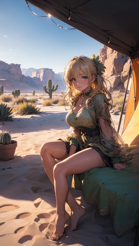 a tent in the desert with cacti, detailed desert landscape, detailed cacti, warm lighting, gigantic-breasts-cute-1girl-sitting-i...