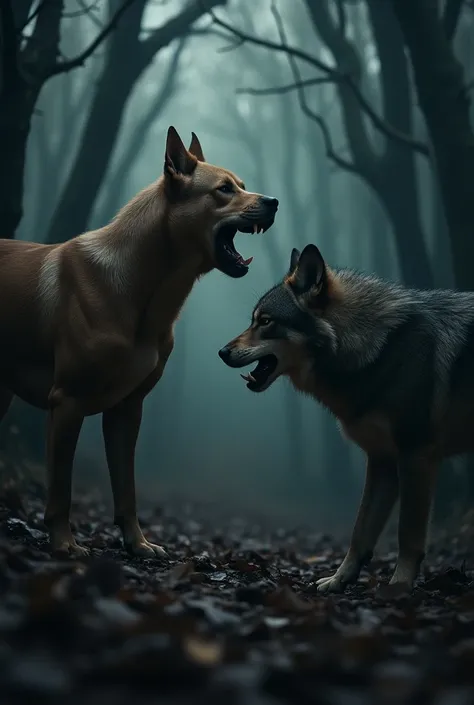 Angry Pitbull face off wolf in dark forest