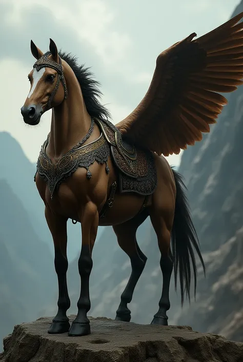  Create an image that is a mix of a horse and an eagle ,wearing armor on a very muscular body  