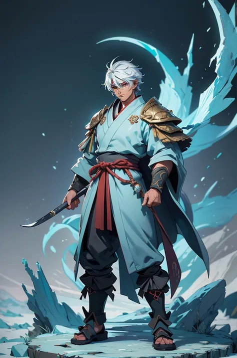 Best quality, masterpiece, high quality, detailed beautiful face, (detailed beautiful eyes), (full-body shot), Create a high-quality, masterpiece image of a full-body RPG game character inspired by Japanese mythology. The character is a male god, Takemikaz...