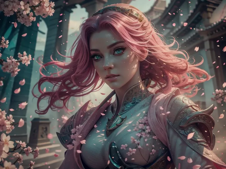 a woman with pink hair and green eyes looking at a giant white dragon with pearlescent glow and green eyes, surrounded by cherry blossom flowers, detailed face, detailed eyes, detailed lips, beautiful woman, beautiful detailed eyes, beautiful detailed lips...