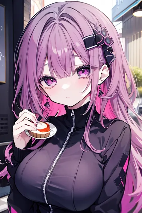  one girl、Mature、Ample breasts、Long Hair、 cropped bangs 、Straight hair color 、 long lashes、dark pink purple hair、 gray half zip、ennui、Earrings、Cafe、Eat a blueberry tart、coffee