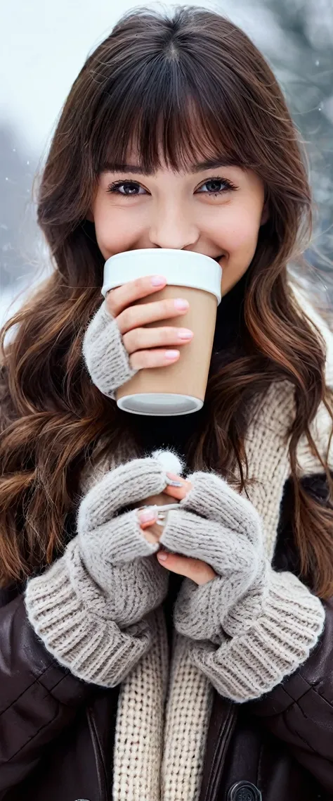 (8k, RAW photo, best quality, masterpiece:1.2), High detail RAW color photo, professional photograph,(a very beautiful and very cute girl), the girl is holding a mug of hot drink in her both hands the girl is wearing woolen gloves, smiling, winter outfit, ...