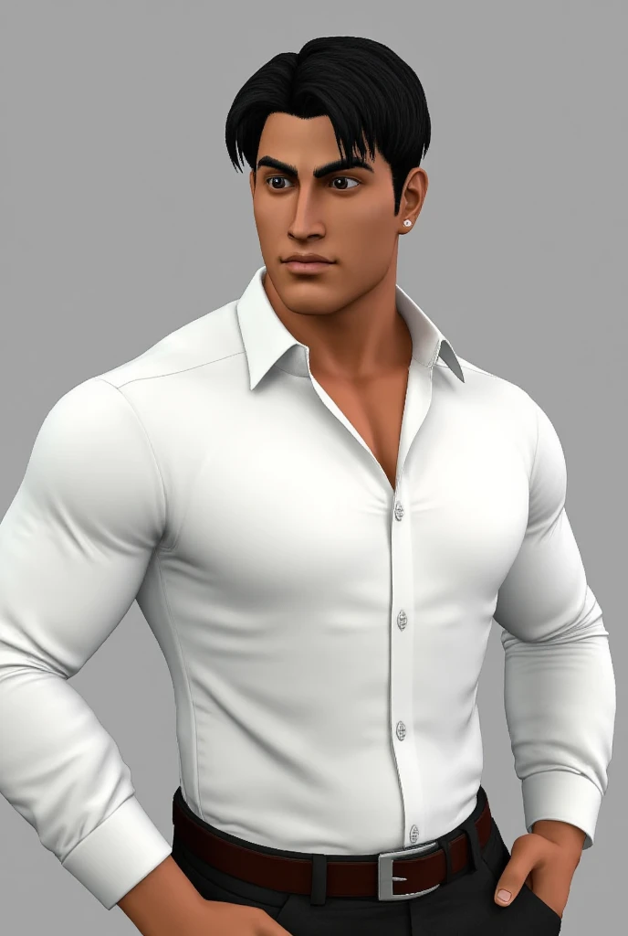 men with black hair,white shirt with long sleeves,realistic details,muscular body,asian appearance 