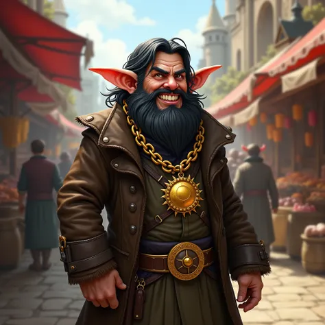 Adult image , Gnome , dungeons and dragons, adult style, Gnome  trägt Ledermantel, Gnome  hat Schwarze Haare,  cunning appearance ,  cunning grin , Gnome  mit großer Goldkette,  golden sun as a pendant , Gnome  befindet sich auf mittelalter Marktplatz,  fa...