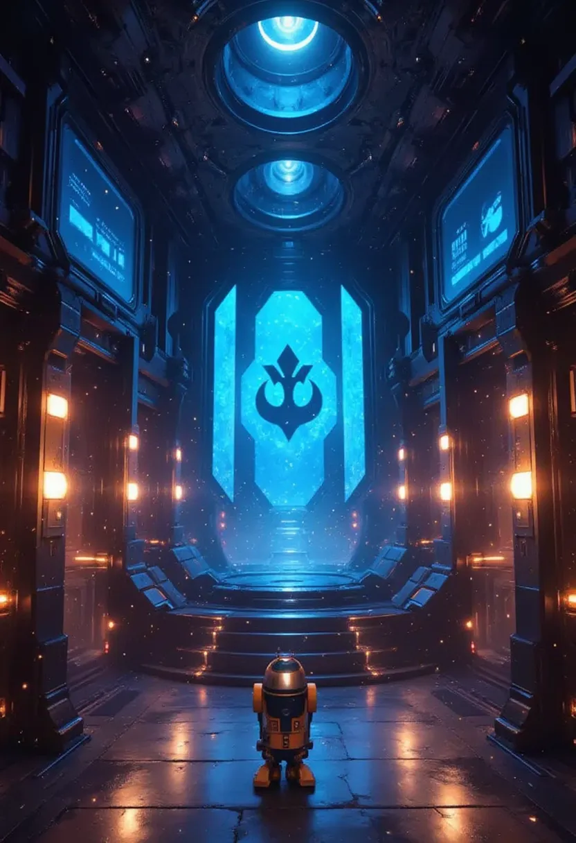 A mysterious corridor in the Star Wars universe, featuring R2-D2 walking away, with futuristic lighting and intricate details on the walls, showcasing a sci-fi atmosphere, cinematic lighting, high-resolution, dynamic angles, digital art,(3D hologram),(futu...