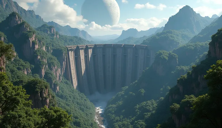 Movie《Avatar》Alien World ，Bird&#39;s-eye view， A huge hydraulic dam is extremely tall and spectacular， Half a huge planet is revealed in the distant sky ， highest quality 