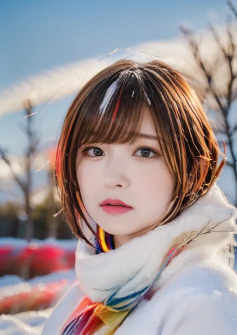 Sad face(8k, RAW photos, top quality, masterpieces: 1.2), (realistic, realistic), one girl, (medium short hair, midwinter, cold snow, wind blows, hair flutters, background blurred, multicolored illumination, : 1.4)),Sad face, looking down 