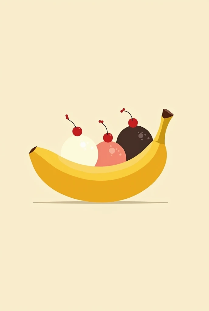 " Minimalist vector illustration of a split banana in a two-core palette: yellow and light black .  A banana cut in half involves three simple ice cream balls ,  represented by basic circles ,  with a cherry on top .  simple geometric shapes ,  clear lines...