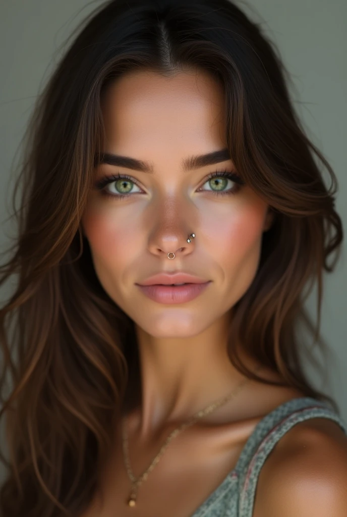 A brunette Instagram model, yeux verts avec un piercing au nez,  ultra realistic , 4K