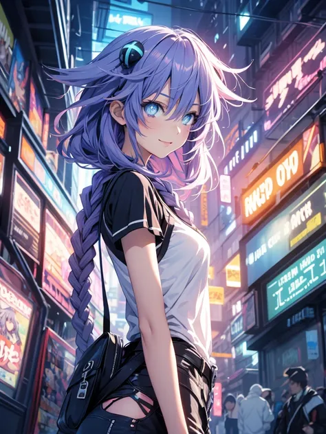 Masterpiece picture quality，Rainbow，Urban girl，ssmile，number art，style of anime，Retro anime girl，Punk girl，in an anime style，dual horsetail，Trendy，neonlight，depth of fields, perfil delantero, ropa urbana ajustada