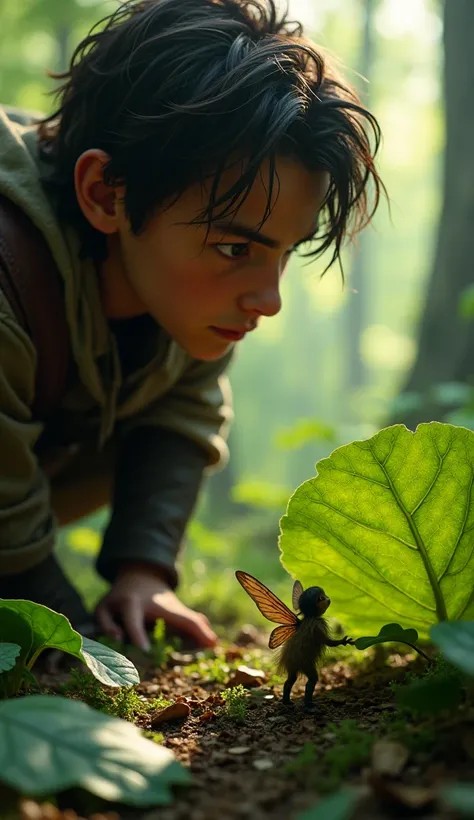 Close-up of Elias’s face as he hears the cry and stops.
Over-the-shoulder shot of a tiny fairy trapped under a large leaf on the ground.
Elias dismounts and kneels to help.