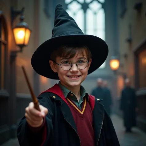 the background atmosphere of the Harry Potter world, realism, in the foreground ,   there is a good magician, a boy wearing a hat and a wand in his hand, boy age 6 ,  looks towards the lens camera and smiles 