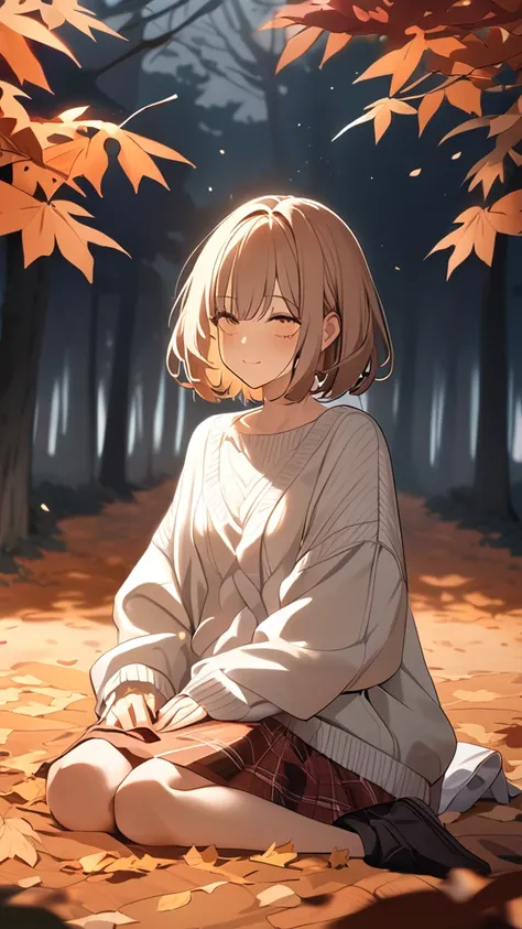 1 girl, ( cute face), Short Bob Hair,  calm expression ,  oversized sweater,  Prairie Skirt ,  medium chest, Calm posture, しっとりした肌  
break, Autumn fog, (Soft Light:1.3),  Warm Hues ,  moist atmosphere , break,  Fallen Leaves Park , A hazy landscape, Quiet ...