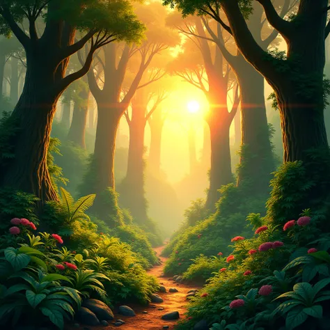 A vibrant landscape of a dense prehistoric dinosaur jungle in Disney Pixar style, no dinosaurs .  The scene is full of lush vegetation with a color palette of various shades of yellow,  green and predominantly orange .  The orange light of the sun filters ...