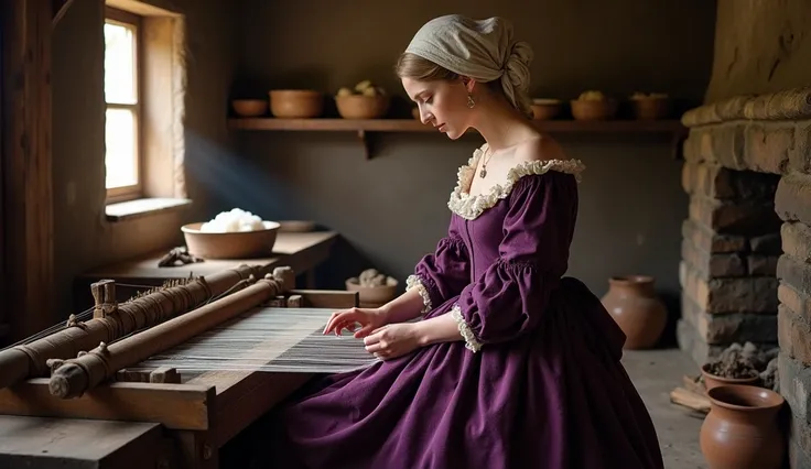 Attire: A middle-class Englishwoman from around 1680, dressed in a wool gown in deep violet tones, with a slightly structured bodice and a rounded neckline. A simple white lace kerchief is delicately tucked into the front of the bodice. The gown’s sleeves ...