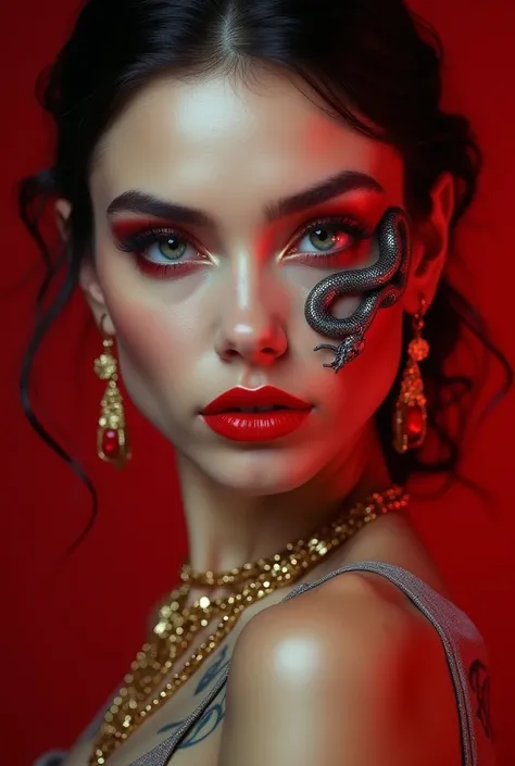 A white skinned woman with red eye makeup, a snake tattoo on her cheek and gold chains around her neck against a red background, in the style of hyper realistic photography. --stylize 250.0