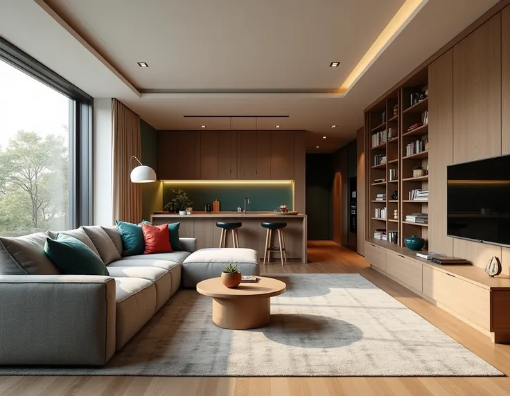  Create an image of a 24m² living room integrated with a 16m² kitchen .  The color palette has neutral shades of beige , brown,  gray and green in the architectural envelope and shades of blue and red punctually in the furniture .  The enclosure is charact...