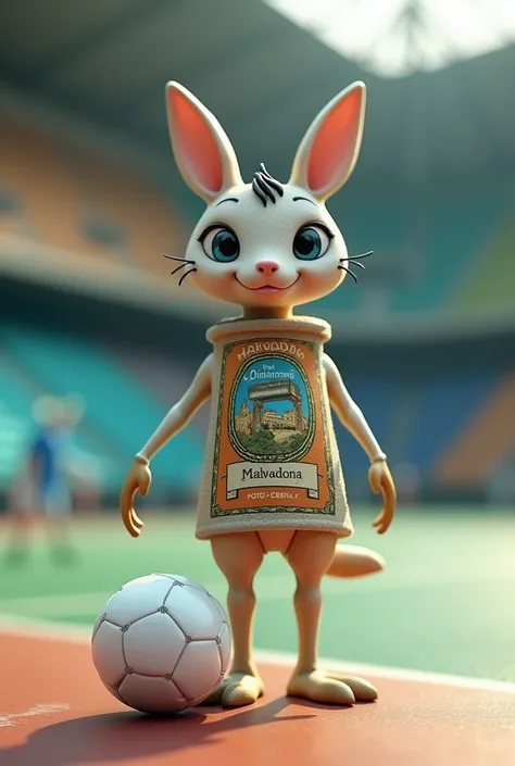 Create an image of a tube of Malvadona ointment, a humanoid mascot with a white futsal ball on the soles of your feet, on a blurry multi-sport court in the background. 