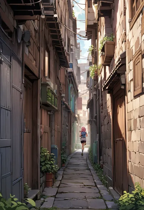 town、Elongated passage、alley、Pink-haired girl running