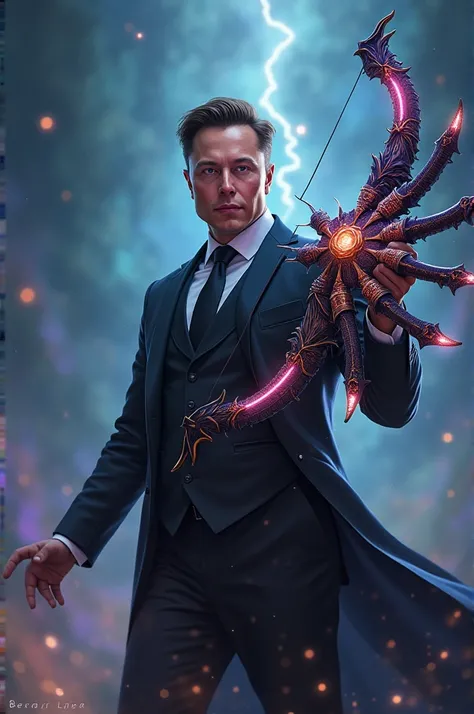 Image of Elon Musk with a 7-headed crossbow in the back 