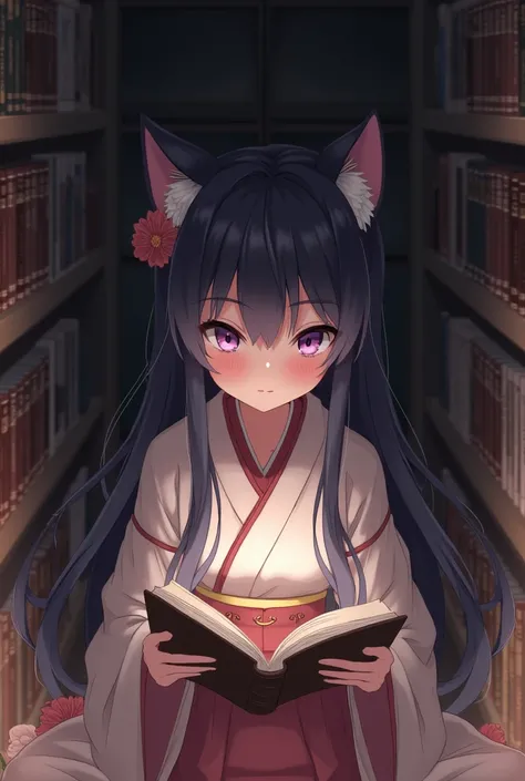 Anime girl with black hair and violet cat eyes reading a book 